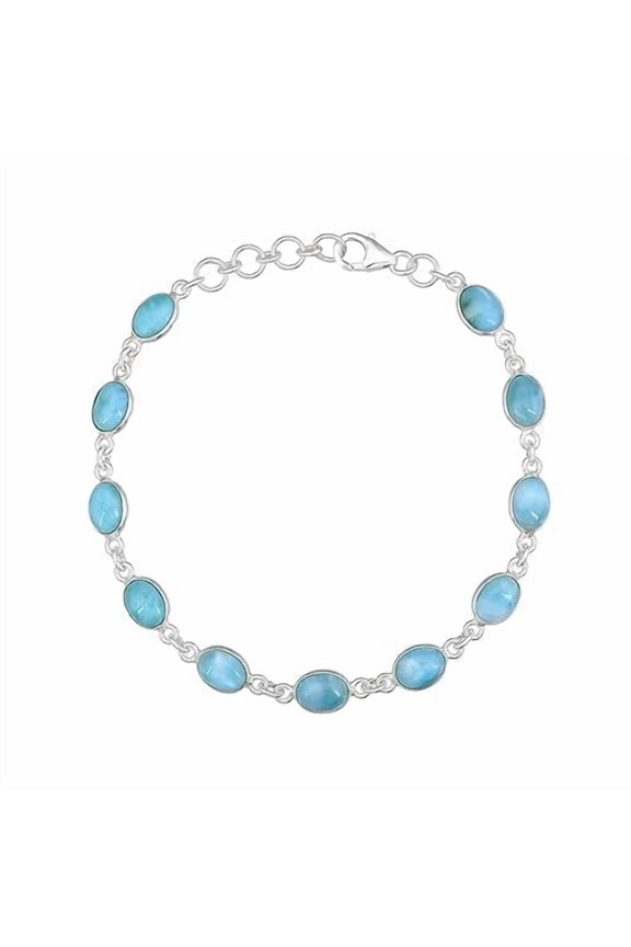 925 Sterling Silver Bezel Bracelet For Woman's Natural Sky Blue Larimar Cab Gemstone Bracelet Size 8.85 Inch