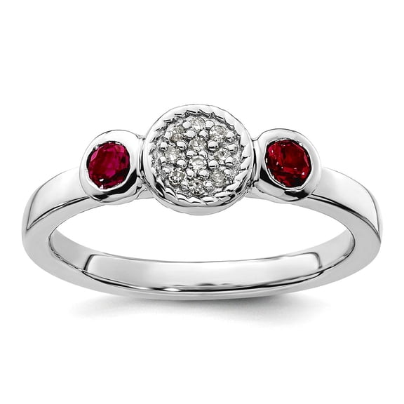 925 Sterling Silver Bezel Polished Prong set Stackable Db Round Cr. Ruby and Dia. Ring Size 7 Stackable Ring for Women