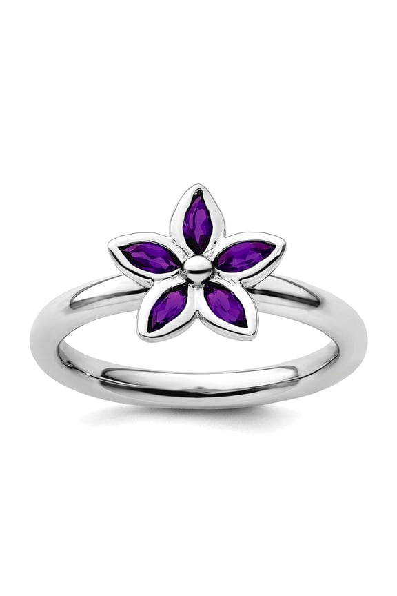 925 Sterling Silver Bezel Polished Stackable Amethyst Flower Ring Size 5 Stackable Ring for Women