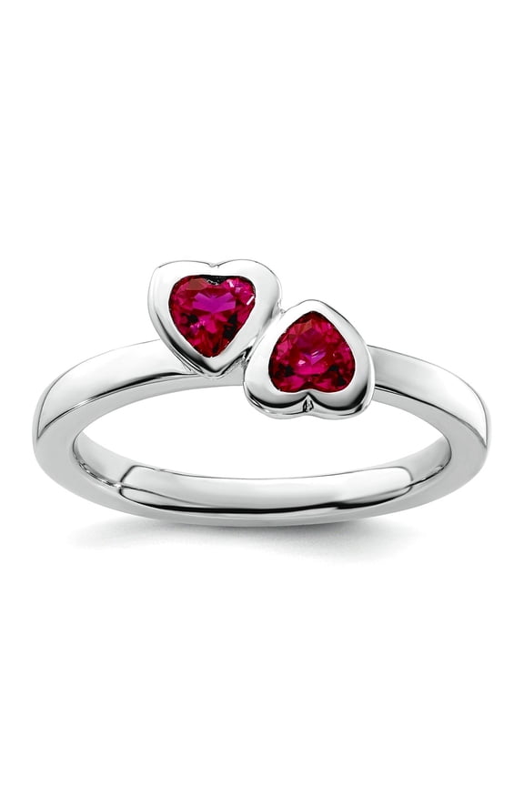 925 Sterling Silver Bezel Polished Stackable Cr. Ruby Double Love Heart Ring Size 10 Stackable Ring for Women