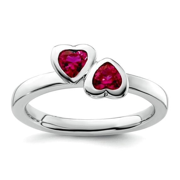 925 Sterling Silver Bezel Polished Stackable Cr. Ruby Double Love Heart Ring Size 9 Stackable Ring for Women