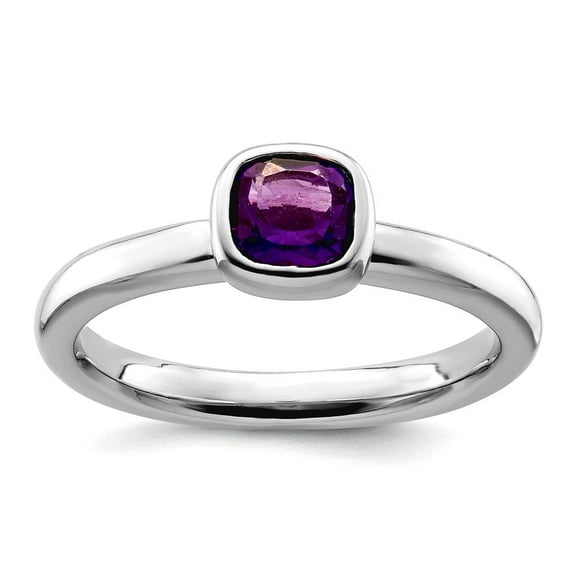 925 Sterling Silver Bezel Polished Stackable Cushion Cut Amethyst Ring Size 9 Stackable Ring for Women