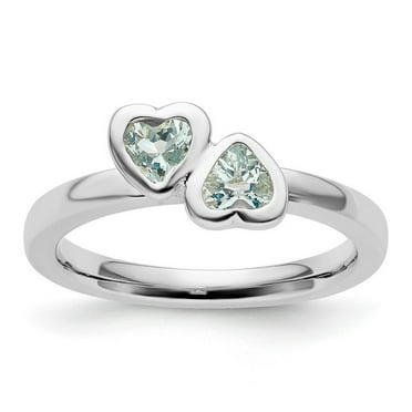 925 Sterling Silver Bezel Polished Stackable Aquamarine Double Love Heart Ring Size 7-Stackable-Ring for Women