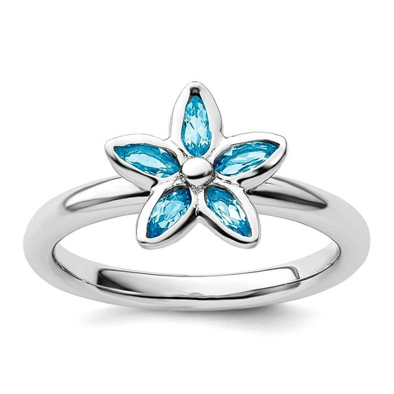 925 Sterling Silver Bezel Polished Stackable Blue Topaz Flower Ring Size 5 Stackable Ring for Women