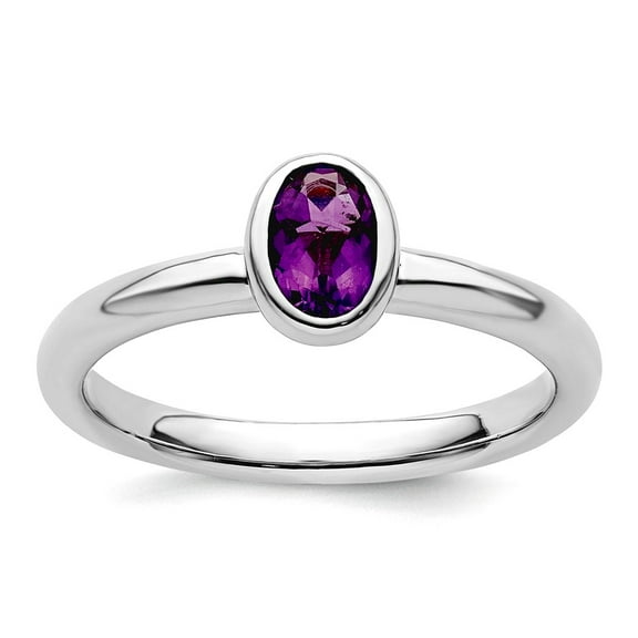 925 Sterling Silver Bezel Polished Stackable Oval Amethyst Ring Size 7 Stackable Ring for Women