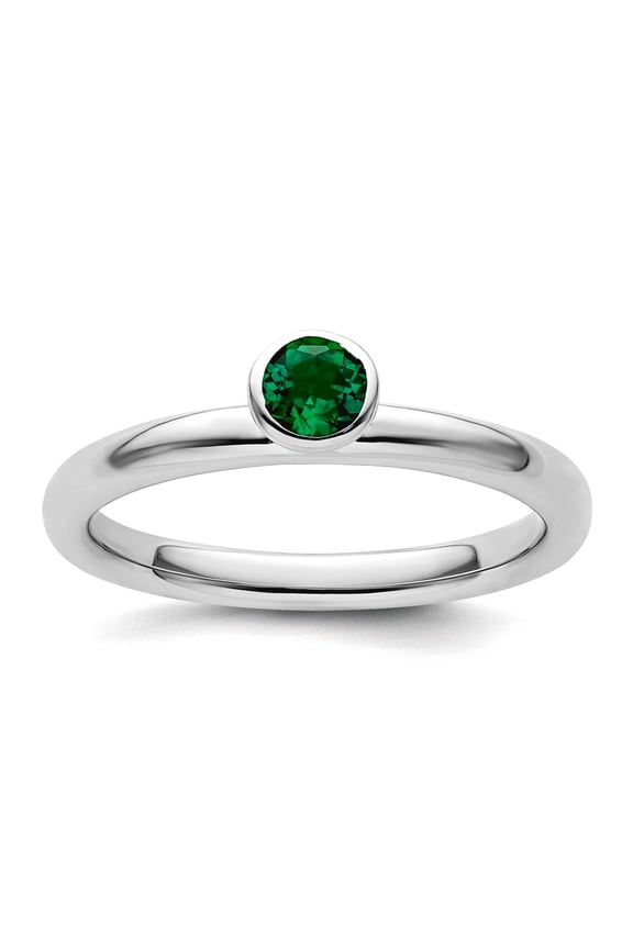 925 Sterling Silver Bezel Polished Stackable High 4mm Round Cr. Emerald Ring Size 5 Stackable Ring for Women