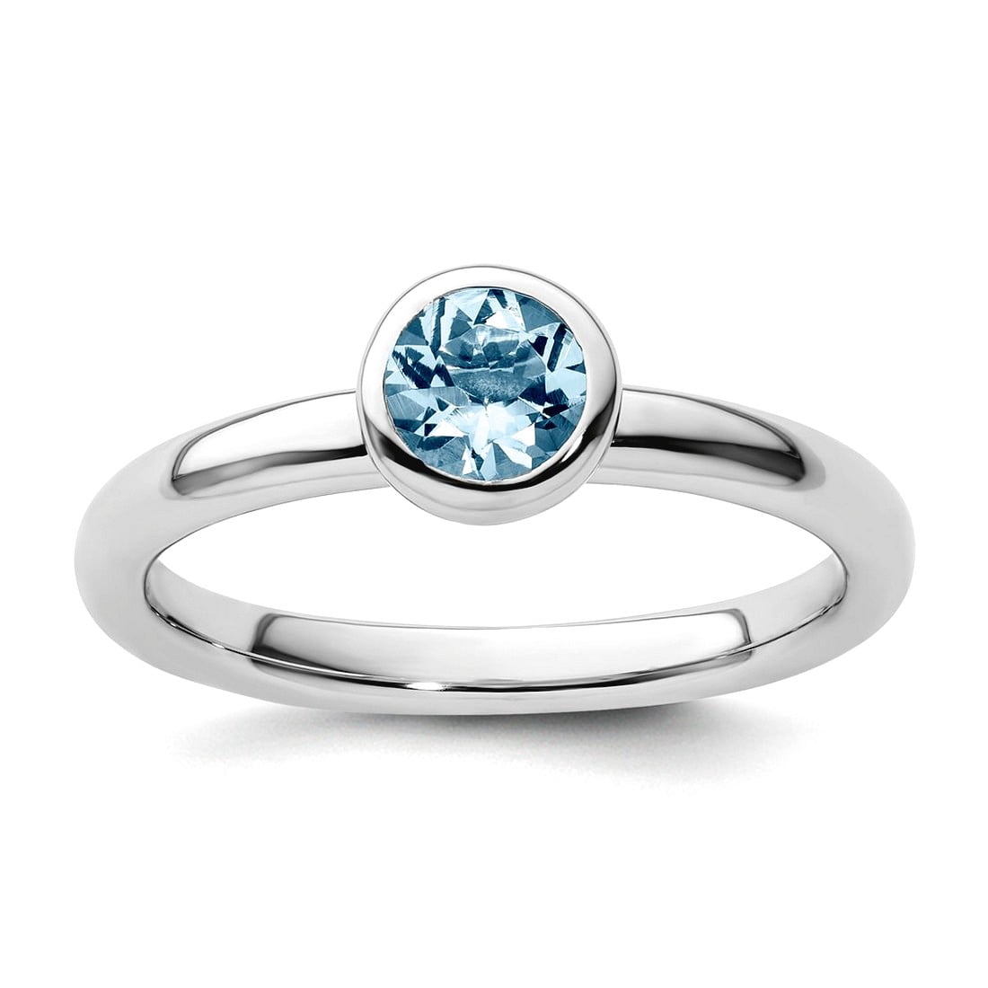 925 Sterling Silver Bezel Polished Stackable Low 5mm Round Aquamarine Ring Size 8 Stackable Ring for Women