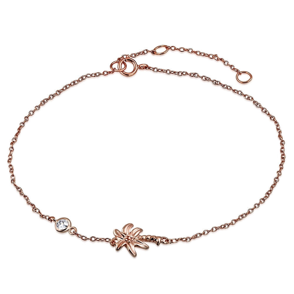 925 Sterling Silver Bezel-Set CZ Palm Tree Womens Link Chain Anklet Bracelet