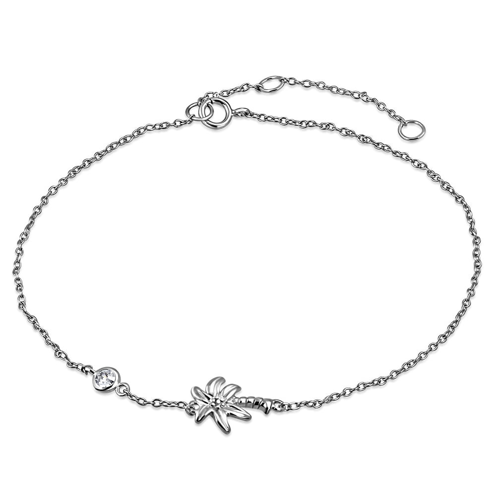 925 Sterling Silver Bezel-Set CZ Palm Tree Womens Link Chain Anklet Bracelet