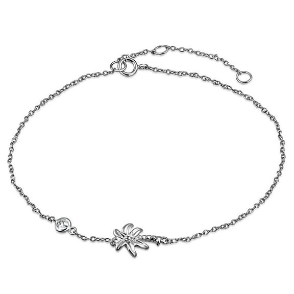 925 Sterling Silver Bezel-Set CZ Palm Tree Womens Link Chain Anklet Bracelet