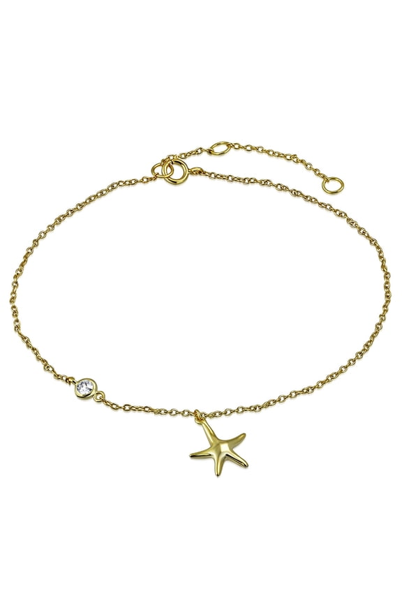925 Sterling Silver Bezel-Set CZ Starfish Anklet Bracelet