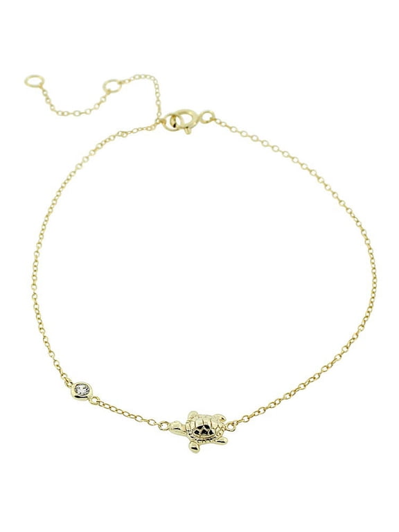 925 Sterling Silver Bezel-Set CZ Turtle Womens Link Chain Anklet Bracelet