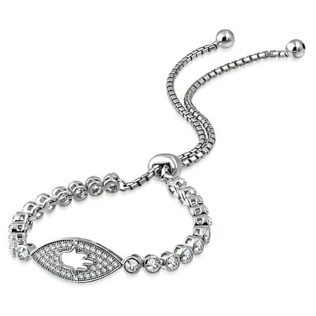 925 Sterling Silver Bezel-Set Hamsa Evil Eye Protection Adjustable Bracelet, 8"