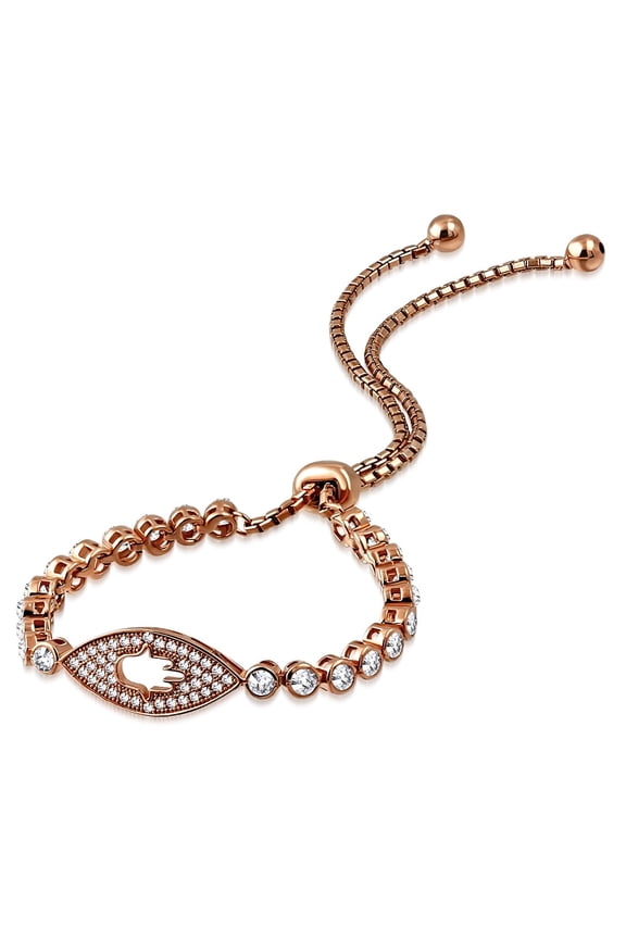 925 Sterling Silver Bezel-Set Hamsa Evil Eye Protection Adjustable Bracelet