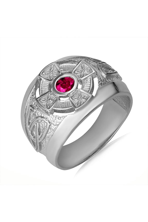 925 Sterling Silver Birthstone CZ Celtic Cross Men's Ring Ruby (SIZE 6)