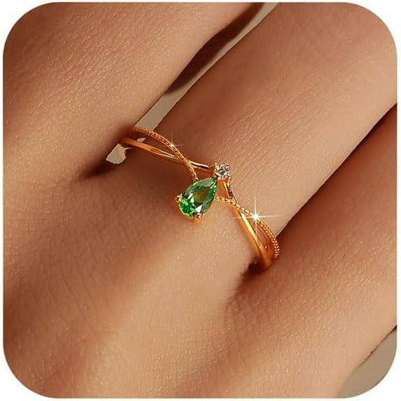 925 Sterling Silver Birthstone Ring for Women Non Tarnish Stackable Ring 14K Gold Plated Pear Teardrop Green Cubic Zirconia Crown V Engagement Promise Wedding Christmas Jewelry Gift for Her