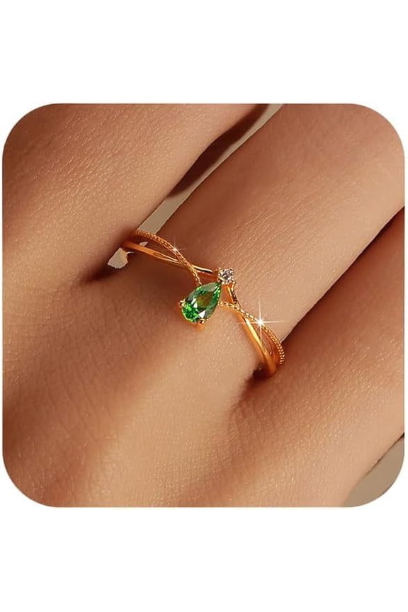 925 Sterling Silver Birthstone Ring for Women Non Tarnish Stackable Ring 14K Gold Plated Pear Teardrop Green Cubic Zirconia Crown V Engagement Promise Wedding Christmas Jewelry Gift for Her