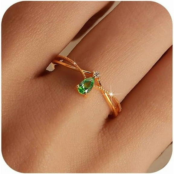 925 Sterling Silver Birthstone Ring for Women Non Tarnish Stackable Ring 14K Gold Plated Pear Teardrop Green Cubic Zirconia Crown V Engagement Promise Wedding Christmas Jewelry Gift for Her