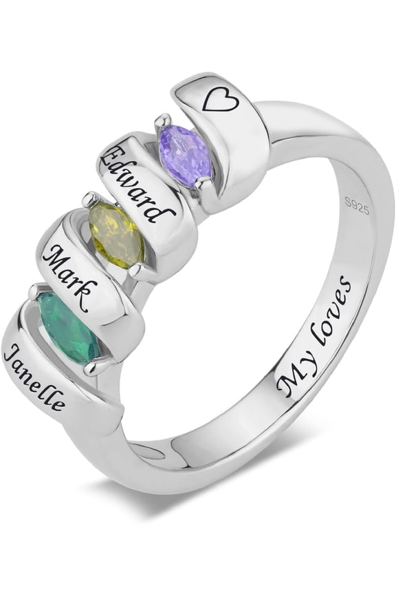925 Sterling Silver Birthstones Mothers Rings with 1-6 Names Personalized Birthstones Ring for Mother Custom Family Names Ring for Women Mother Grandmother