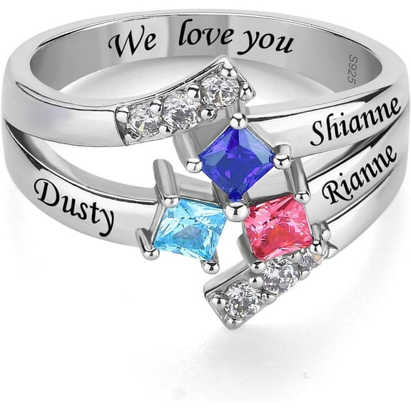 925 Sterling Silver Birthstones Rings for Women Personalized Mothers Rings with 1-9 Names Customize Names Engraved Family Rings for Mothers Grandmother