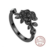 HIPUNK 925 Sterling Silver Black Rose Flower Ring Adjustable Wrap Open Romantic Promise Women Jewelry Mother Birthday Christmas Valentine's Day Gifts for Her