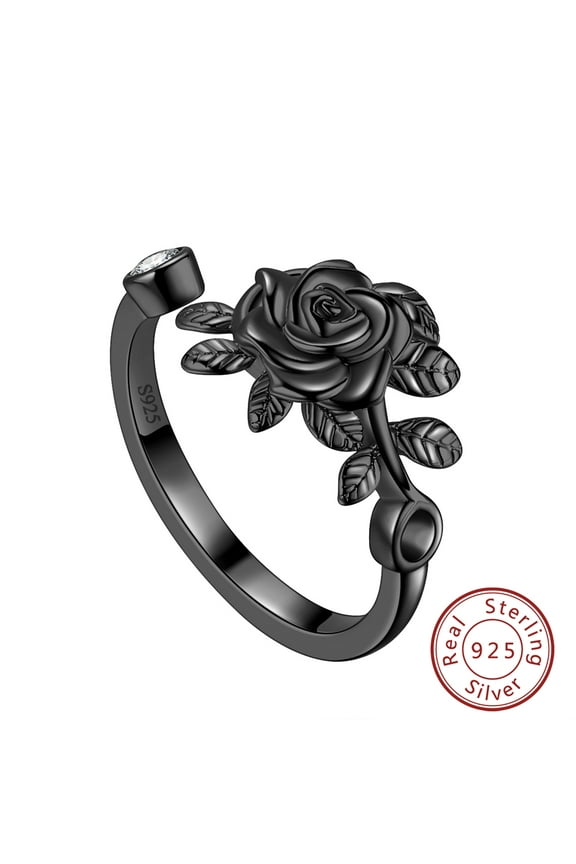 925 Sterling Silver Black Rose Flower Ring Adjustable Wrap Open Romantic Promise Women Jewelry Mother Birthday Christmas Valentine's Day Gifts for Her