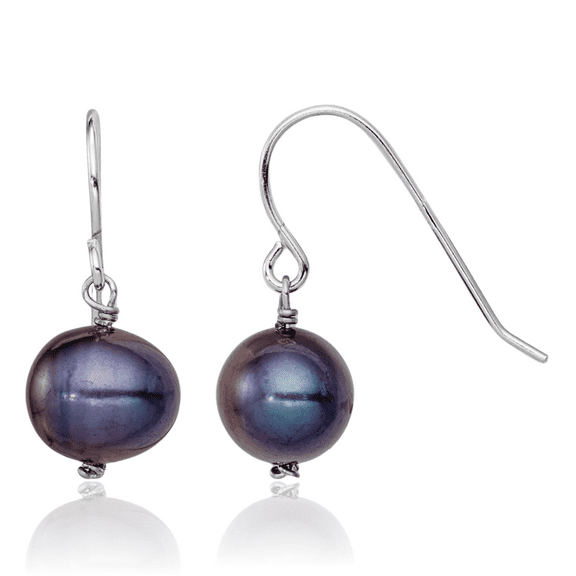 925 Sterling Silver Black 8.5mm Round Freshwater Cultured Pearl Drop Dangle Earrings