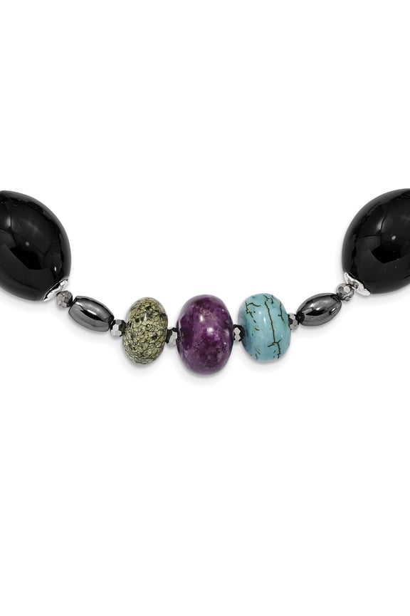 925 Sterling Silver Black Agate, Crys, Hem, Purple Magnesite, Recon Magnes, Serpentine Necklace with 2in Ext Length