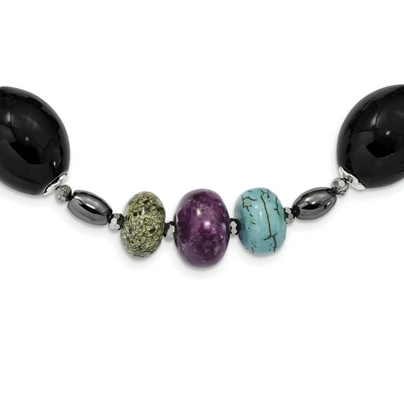 925 Sterling Silver Black Agate, Crys, Hem, Purple Magnesite, Recon Magnes, Serpentine Necklace with 2in Ext Length
