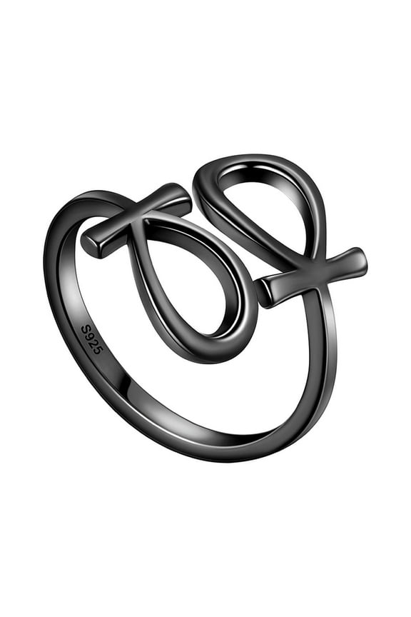 925 Sterling Silver Black Ankh Cross Ring Open Adjustable Women Mens Protection Jewelry Hipunk