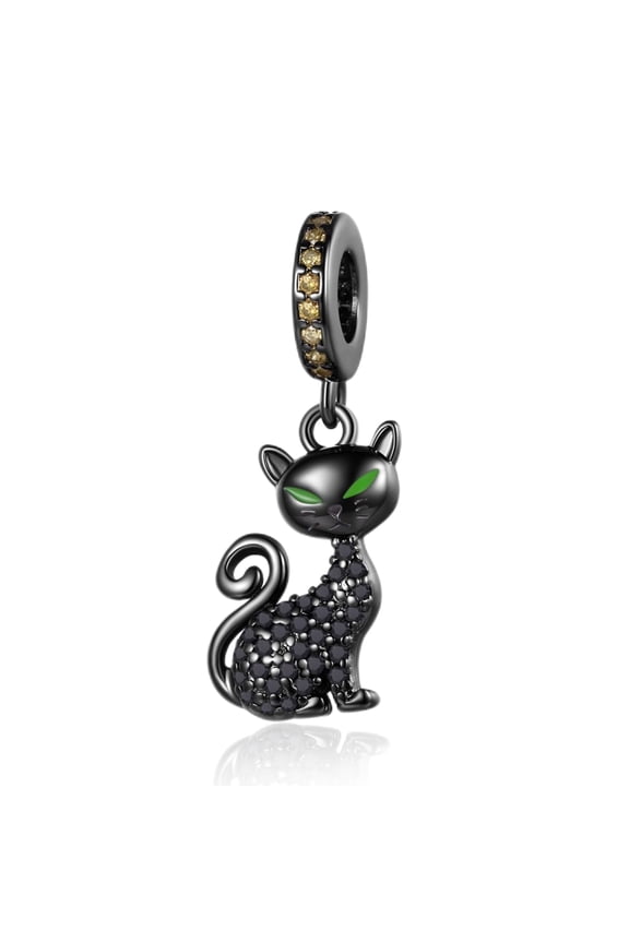 Black Cat Dangle Silver Charm for Bracelets, 925 Sterling Silver-Plated