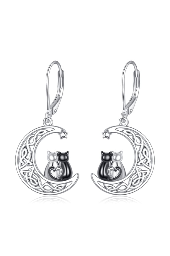 925 Sterling Silver Black Cat Earrings for Women Crescent Moon Celtic Knot Cute Black and White Kitten Cat Earrings Dangle Hypoallergenic Halloween Lover Gifts Jewelry for Women