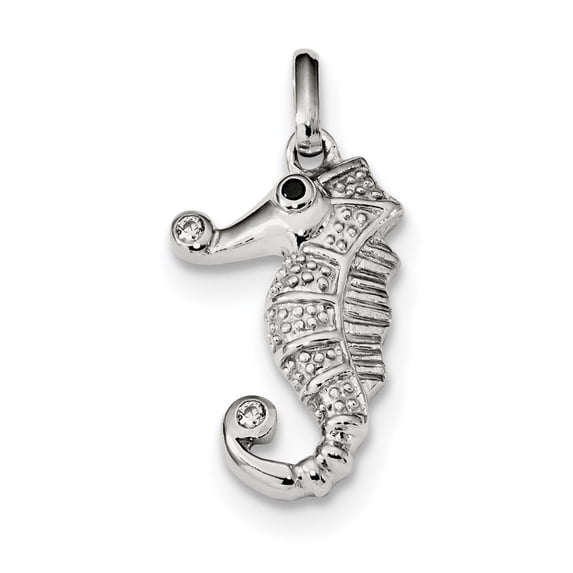 925 Sterling Silver Black & Clear CZ Seahorse (13.5x28mm) Pendant / Charm