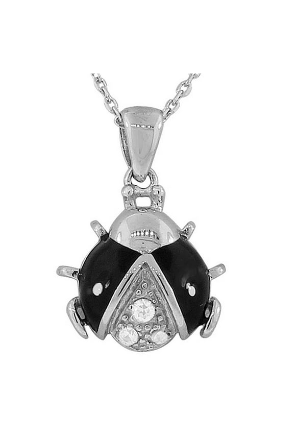 925 Sterling Silver Black Enamel Ladybug CZ Womens Pendant Necklace
