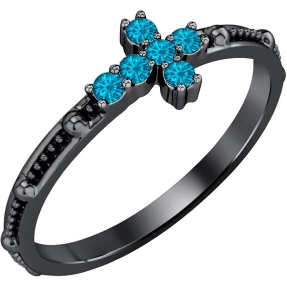 925 Sterling Silver Black Gold Plated Blue Topaz Cross Ring - Women's Christmas Gift