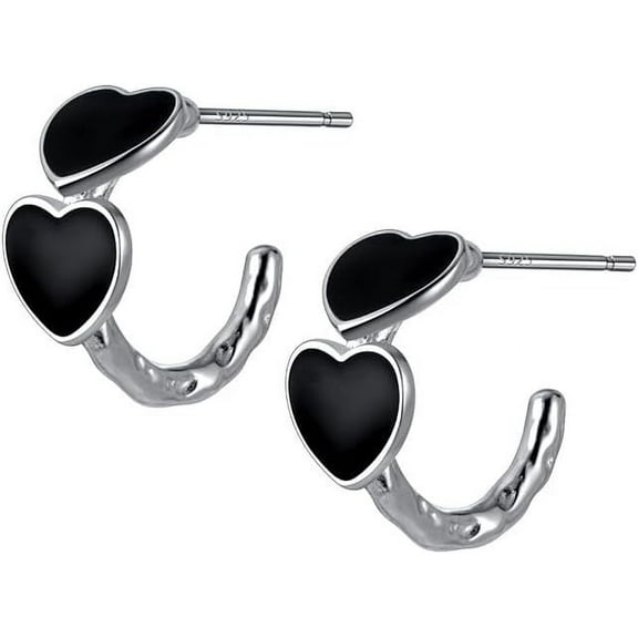 925 Sterling Silver Black Heart Hoop Earrings for Women Teens Heart Huggie Earrings Hoop