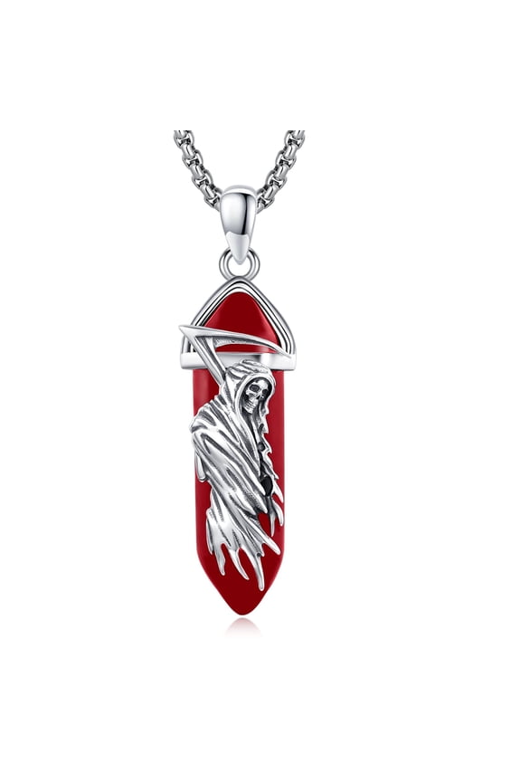 925 Sterling Silver Black Obsidian Santa Muerte Necklace Grim Reaper Pendant Healing Crystal Point Skull Holy Death Necklace Amulet Protection Jewelry for Men Women (Red)