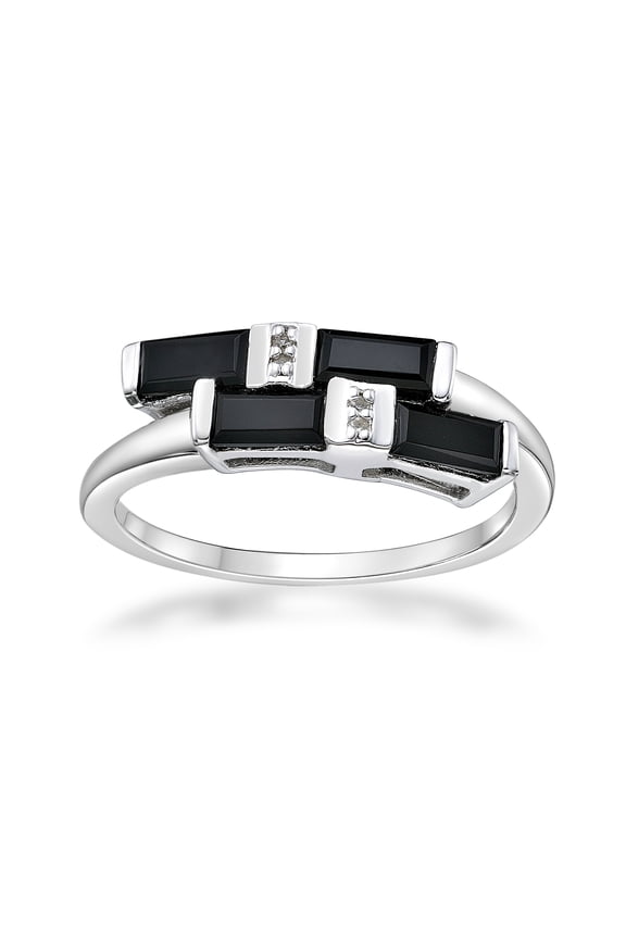 925 Sterling Silver Black Onyx Baguette Bypass Ring With White Topaz - Size 7
