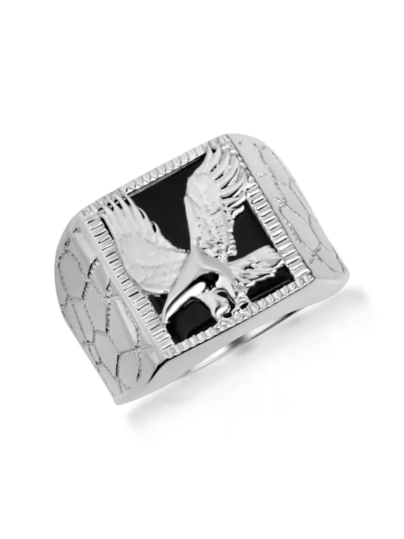 925 Sterling Silver Black Onyx Eagle Nugget Signet Ring (Size 9.75)