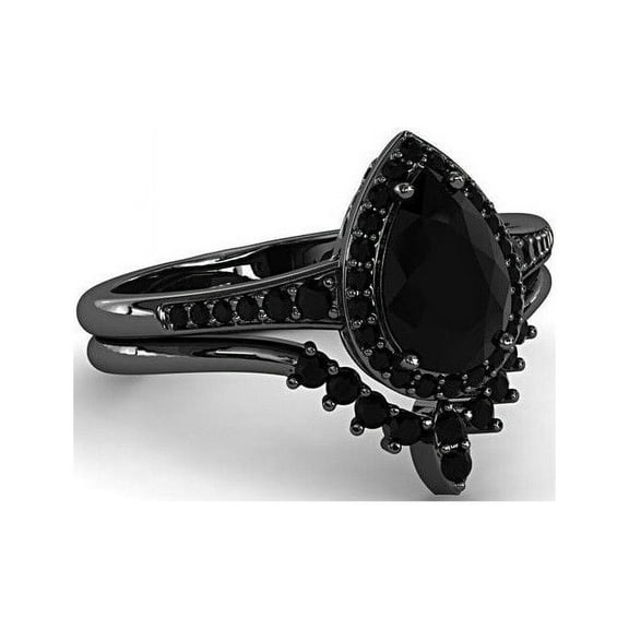 925 Sterling Silver Black Onyx Pears 8x6mm Ring Set With Black Rhodium Plated Ring Size 6-10