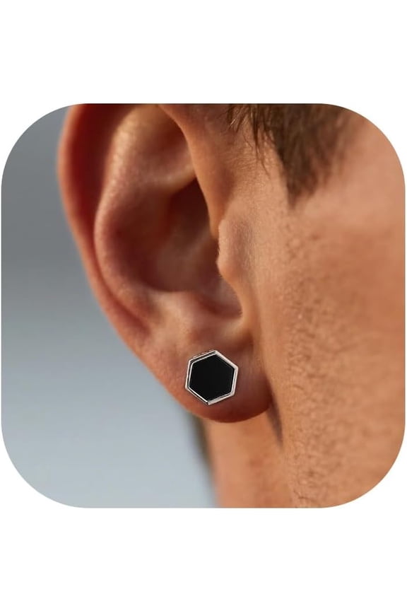 925 Sterling Silver Black Onyx Stud Earrings with Viking Rune Cubic Zirconia Earrings for Men Women