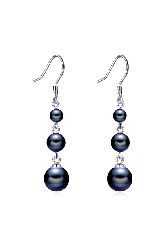 925 Sterling Silver Black Pearl Dangle Earrings Three Pearls Drop Jewelry Birthday Gifts for Women (Black Pearl-Silver)