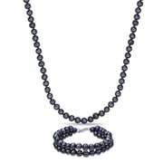 925 Sterling Silver Black Pearl Necklace and 2 Row Bracelet Set, 6-7mm, 18"