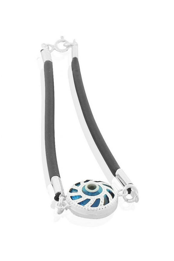 925 Sterling Silver Black Rubber Blue Glass Evil Eye Protection Bracelet, 7.5"