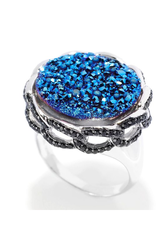 925 Sterling Silver Black Spinel, Blue Drusy Ring
