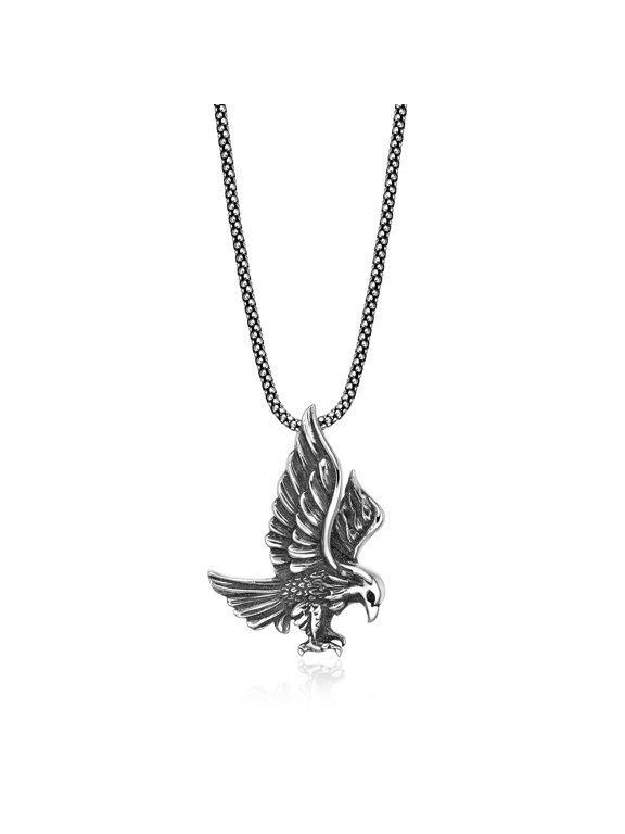 925 Sterling Silver Black Spinel Eagle Pendant Necklace, Round Box Chain, 24