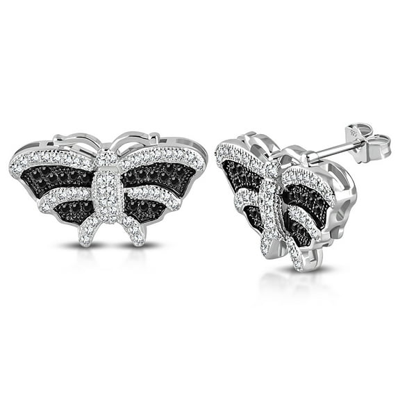 925 Sterling Silver Black White CZ Butterfly Large Statement Stud Earrings