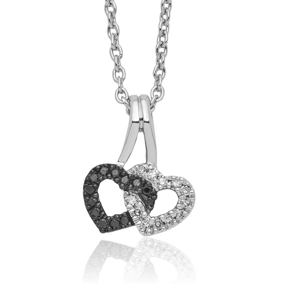 925 Sterling Silver Black White Diamond Double Heart Necklace Love Pendant Friendship Charm Chain