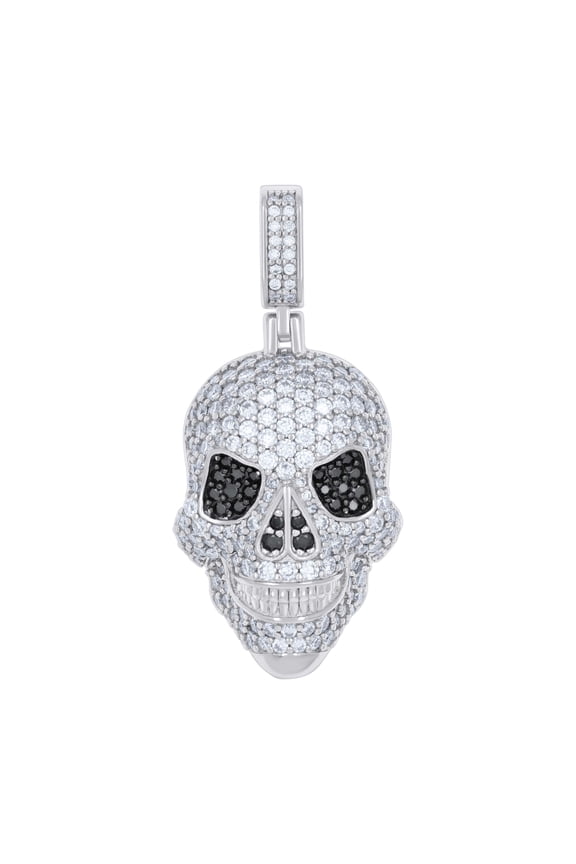 925 Sterling Silver Black & White Round Cut Moissanite Men's Laughing Skull Pendant Domed Charm | 2.32 Ct.