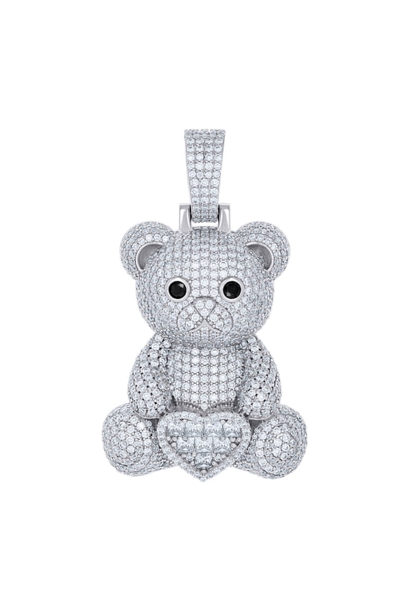 925 Sterling Silver Black & White Round & Princess Cut Moissanite Women's 3D Teddy Bear w/ Heart Pendant | 11.40 Ct.